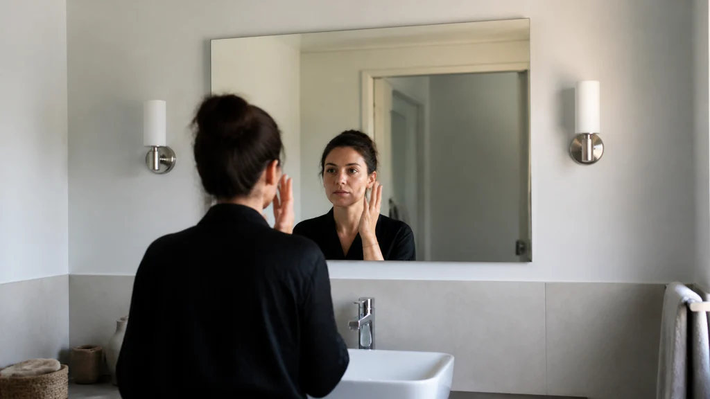 Illustration éditoriale pour l’article « Hauteur d'applique pour miroir de salle de bain : le guide »
