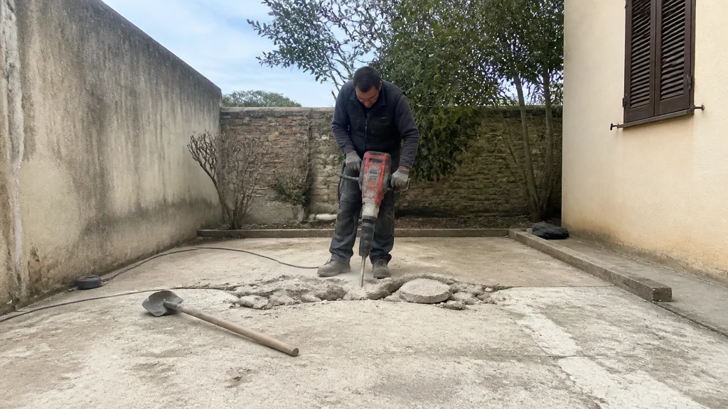 Illustration éditoriale pour l’article « Quel est le prix pour casser une dalle béton en 2026 »