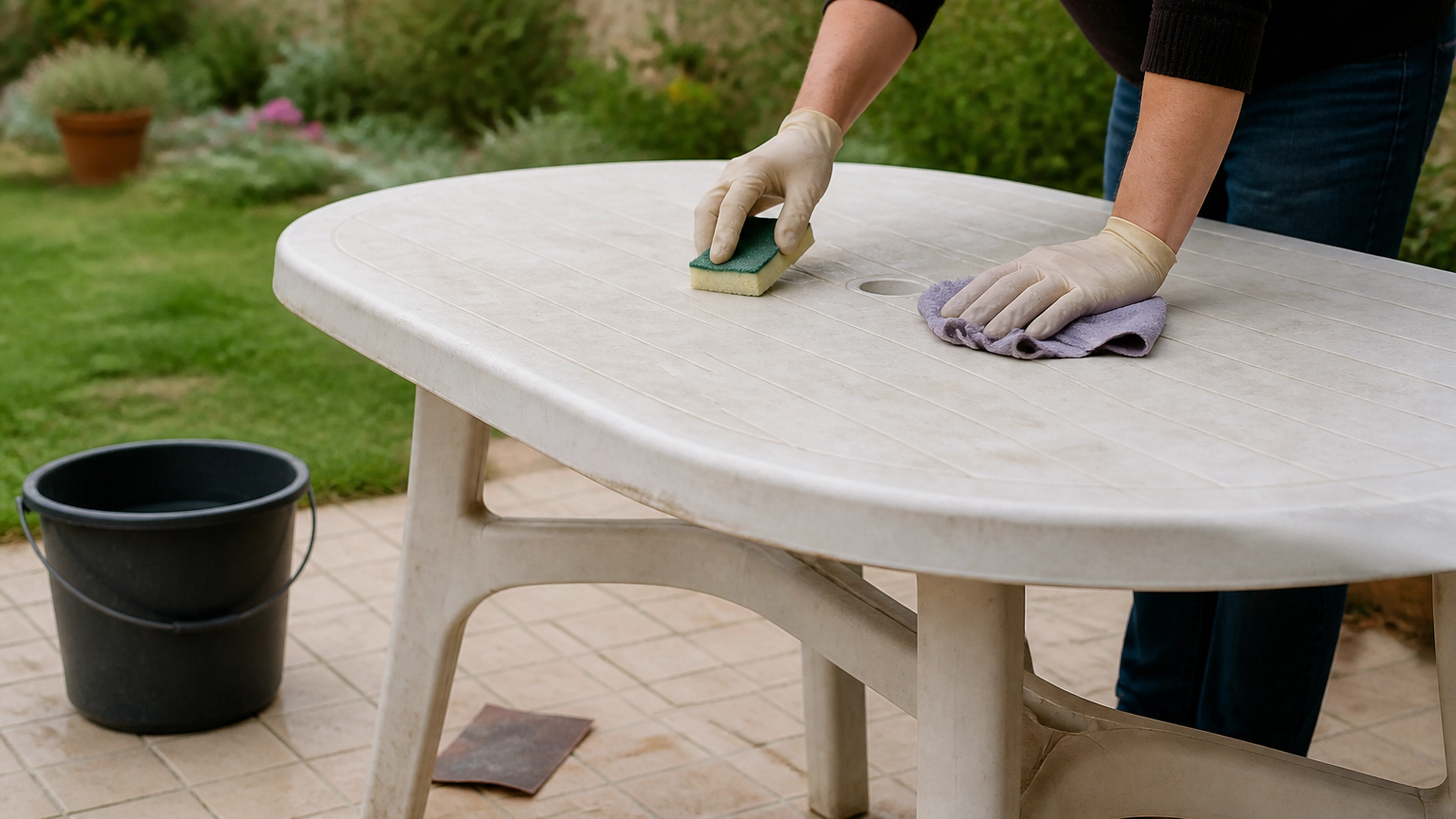 Illustration éditoriale pour l’article « Comment rénover une table de jardin en plastique facilement »