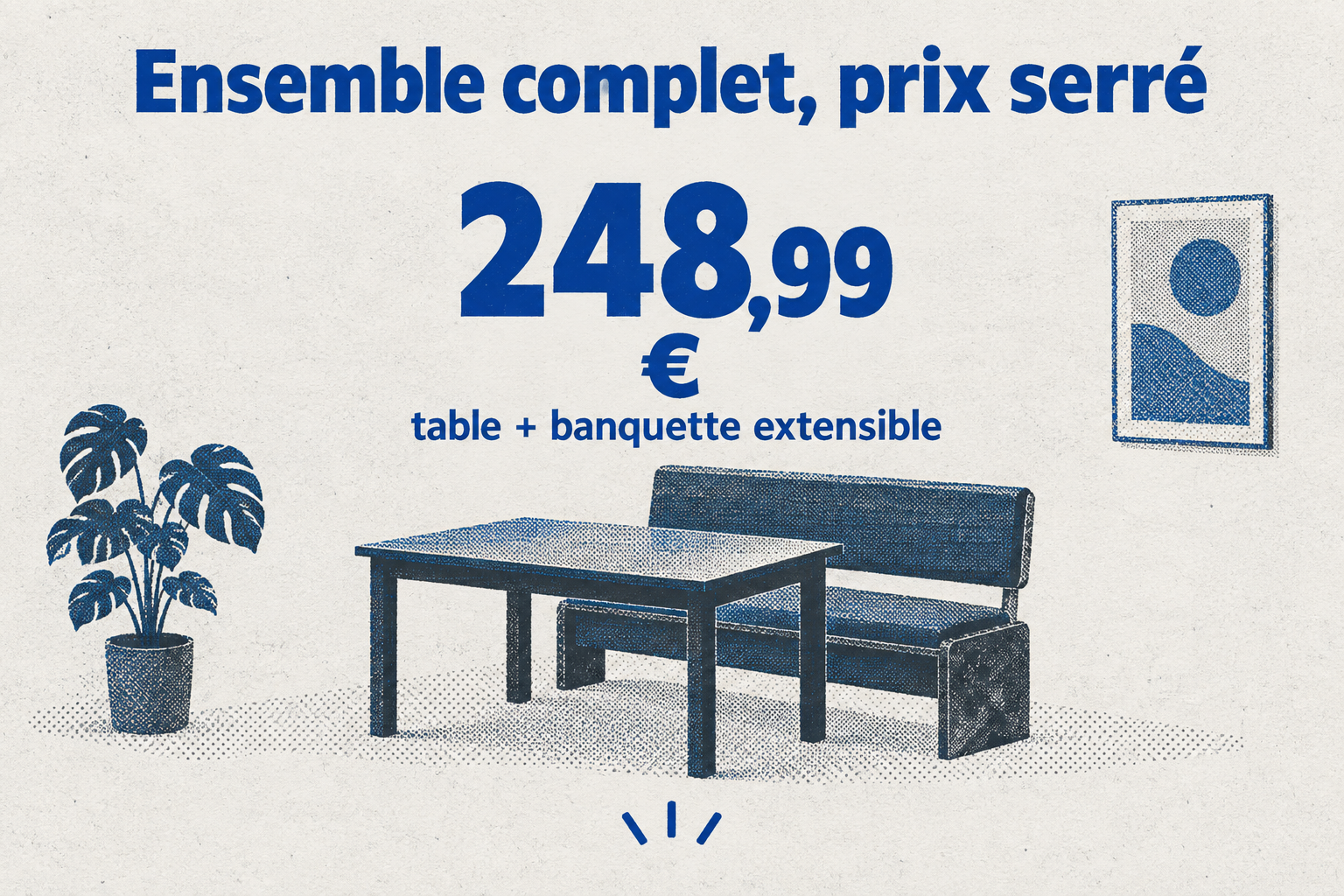 Un prix de 248,99 € pour un ensemble table et banquette extensible.