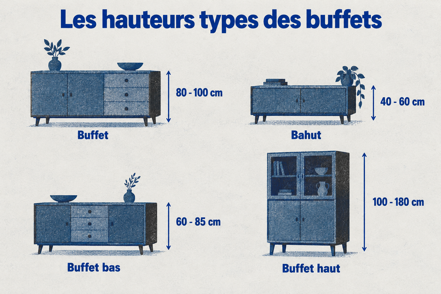 Les hauteurs types : buffet 80-100 cm, bahut 40-60 cm, buffet bas 60-85 cm, buffet haut 100-180 cm.