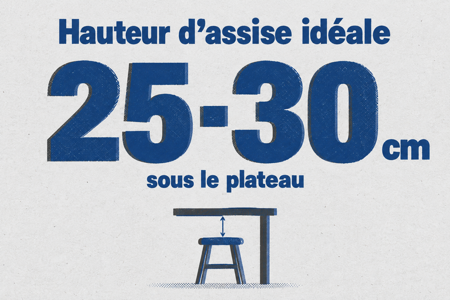 L'assise doit se situer à 25-30 cm sous la hauteur du plateau du comptoir.