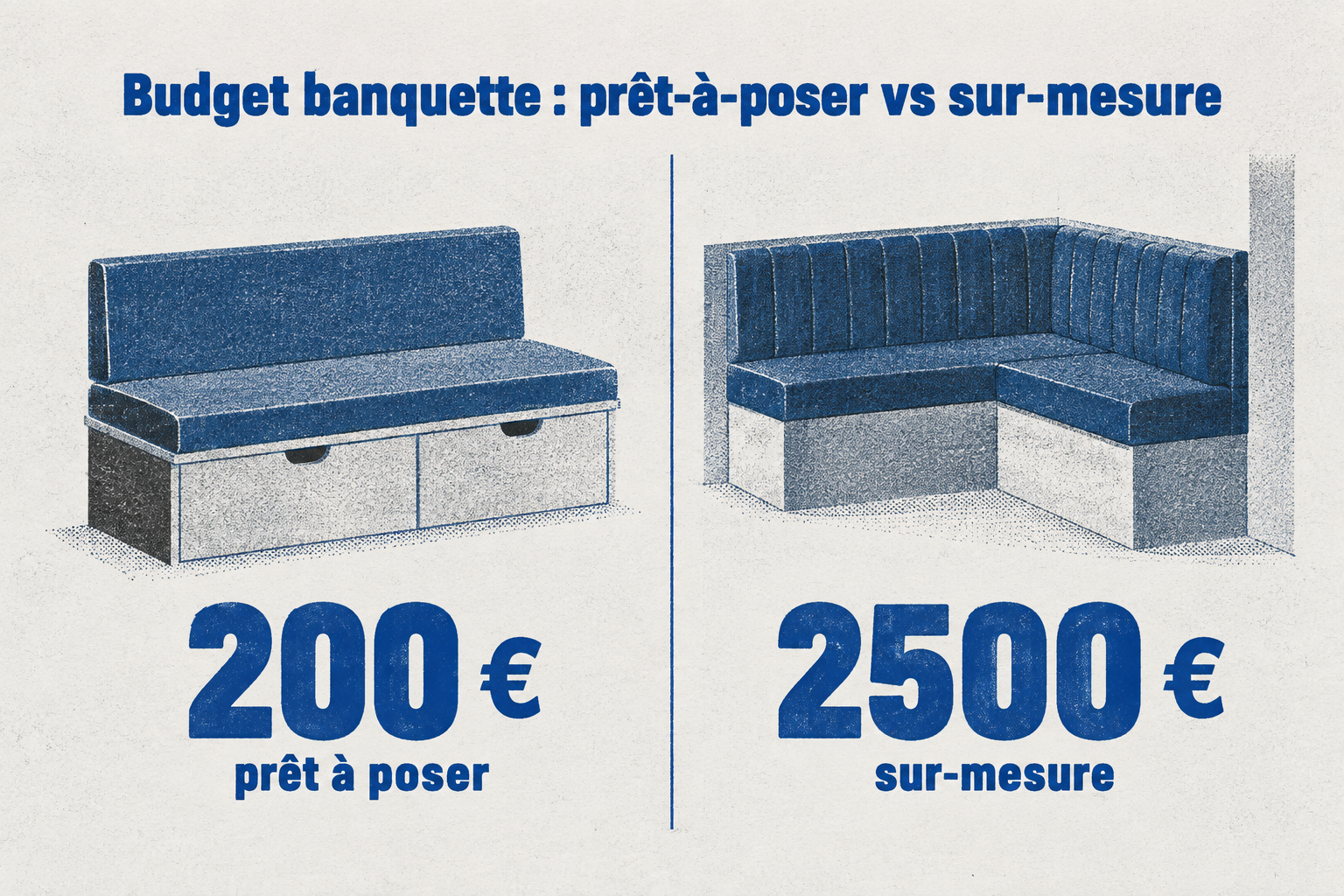 Deux blocs comparent les budgets : 200 euros minimum pour une banquette prête à poser, 2500 euros pour du sur-mesure.