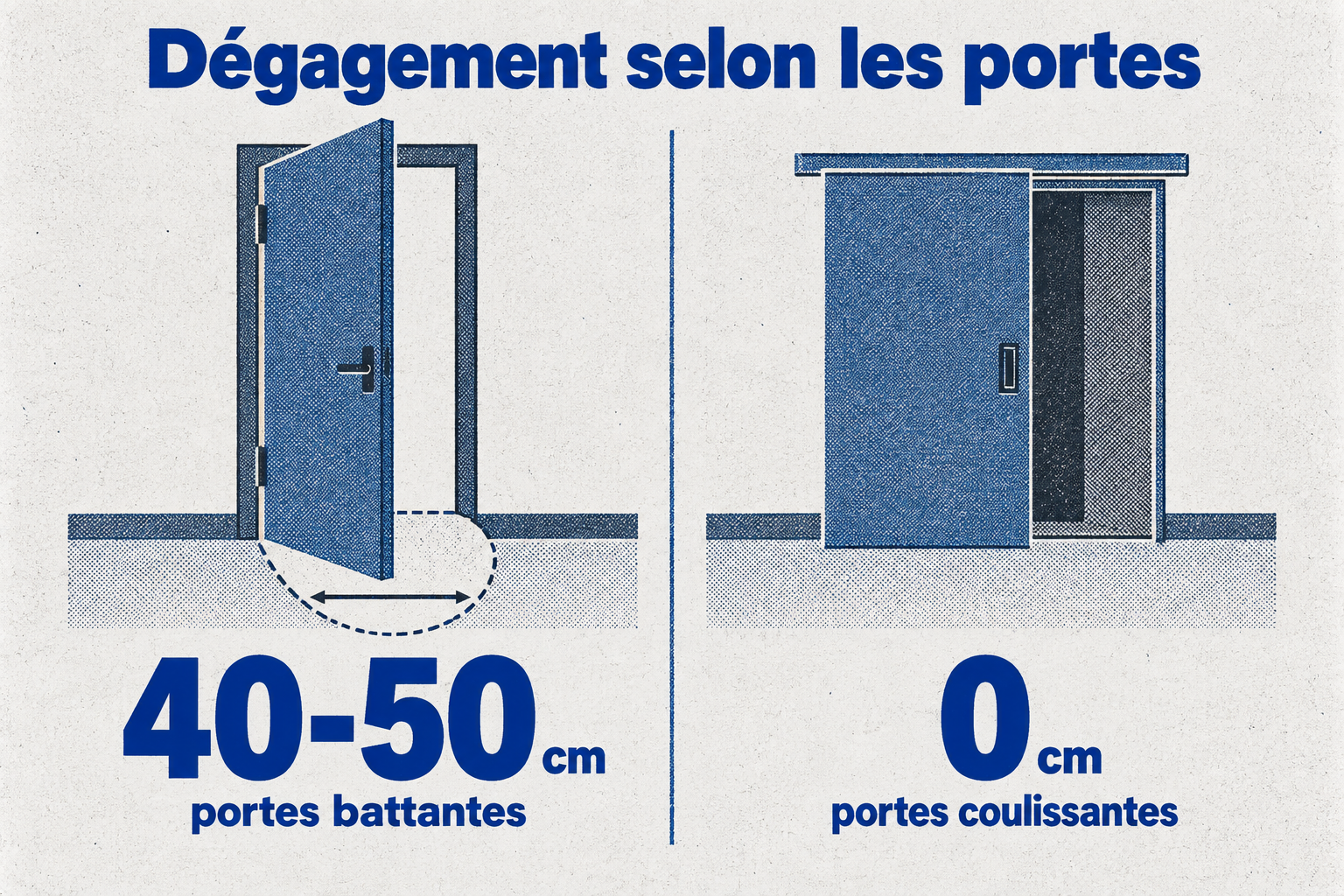 Dégagement nécessaire pour les portes : 40 à 50 cm pour des battantes, 0 cm pour des coulissantes.