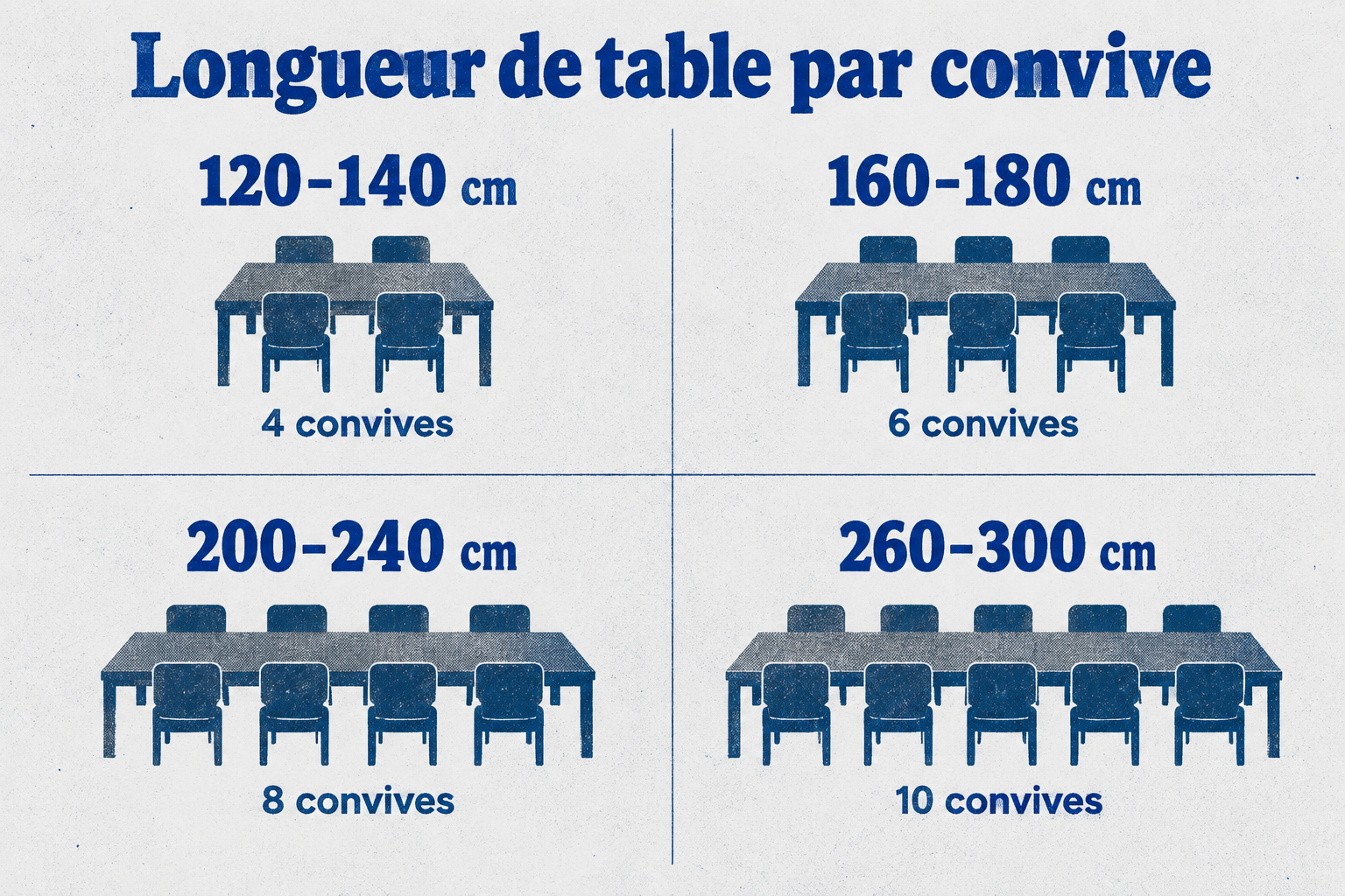 Prévoyez 120 à 140 cm de longueur pour 4 convives, 160 à 180 pour 6, 200 à 240 pour 8, 260 à 300 pour 10.