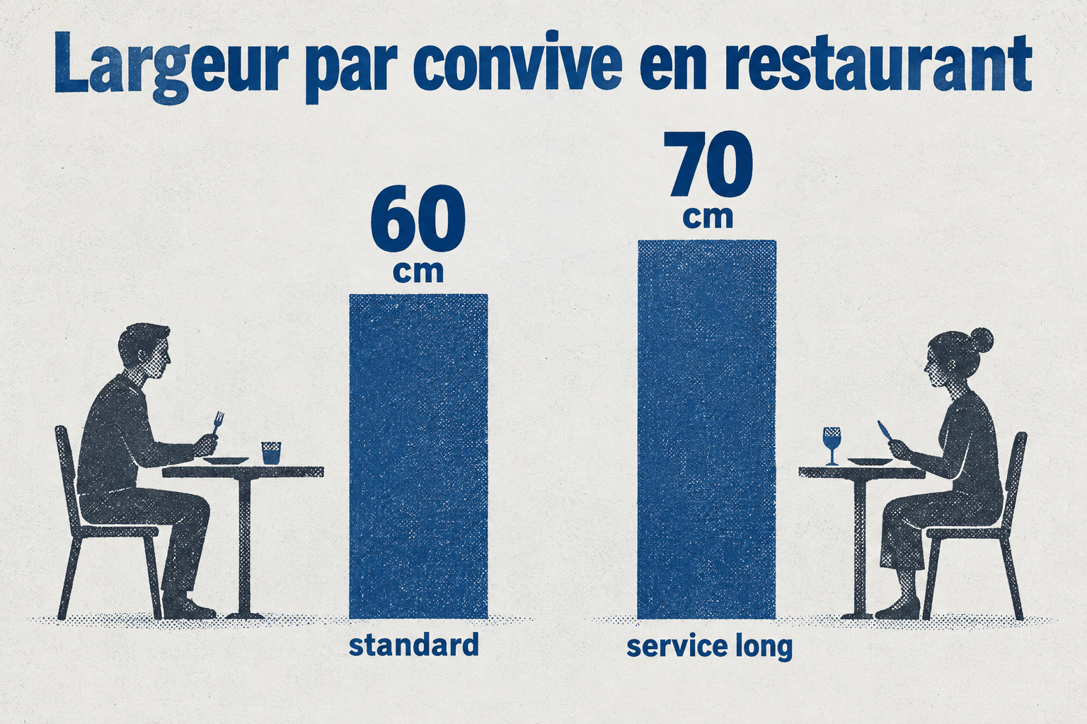 Deux barres verticales de hauteurs différentes indiquent la largeur par convive en restaurant : 60 cm en standard, 70 cm pour un service long.