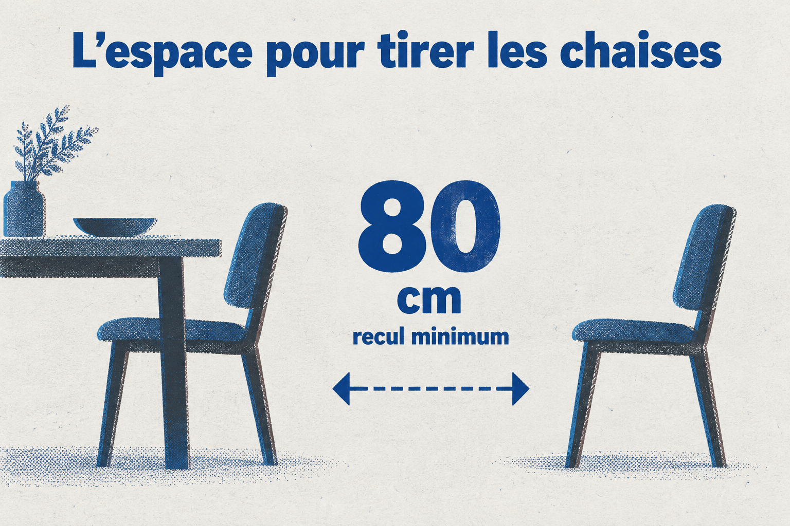 Un chiffre indique 80 cm de recul minimum pour tirer les chaises.