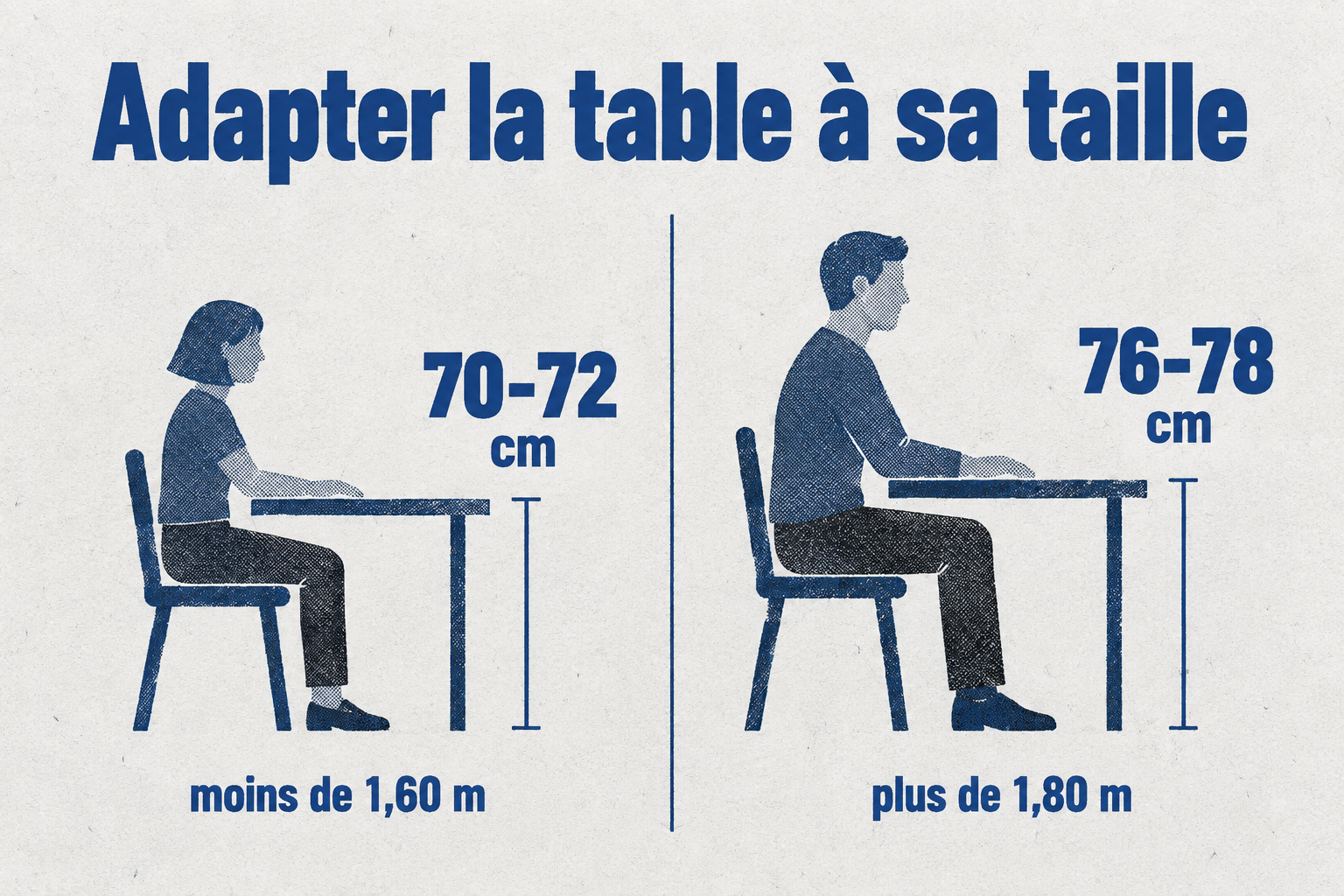 Pour une personne de moins de 1,60 m, visez une table de 70 à 72 cm ; au-delà de 1,80 m, de 76 à 78 cm.