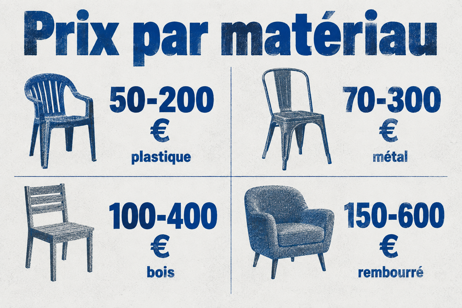 Fourchettes de prix en euros pour chaises design selon le matériau : plastique 50-200, métal 70-300, bois 100-400, rembourré 150-600