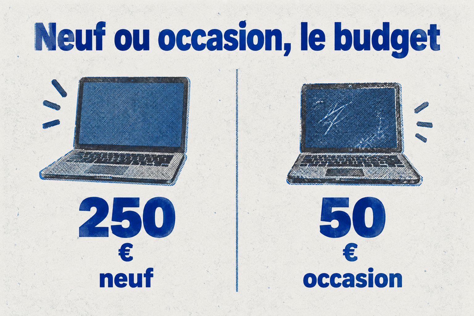 Comparaison de budgets : 250 € pour du neuf, 50 € pour de l'occasion.