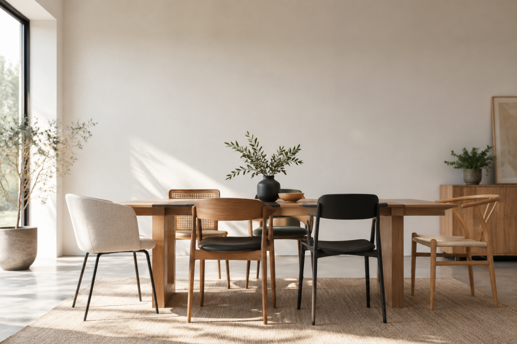 Salle à manger avec une table en bois et des chaises dépareillées.
