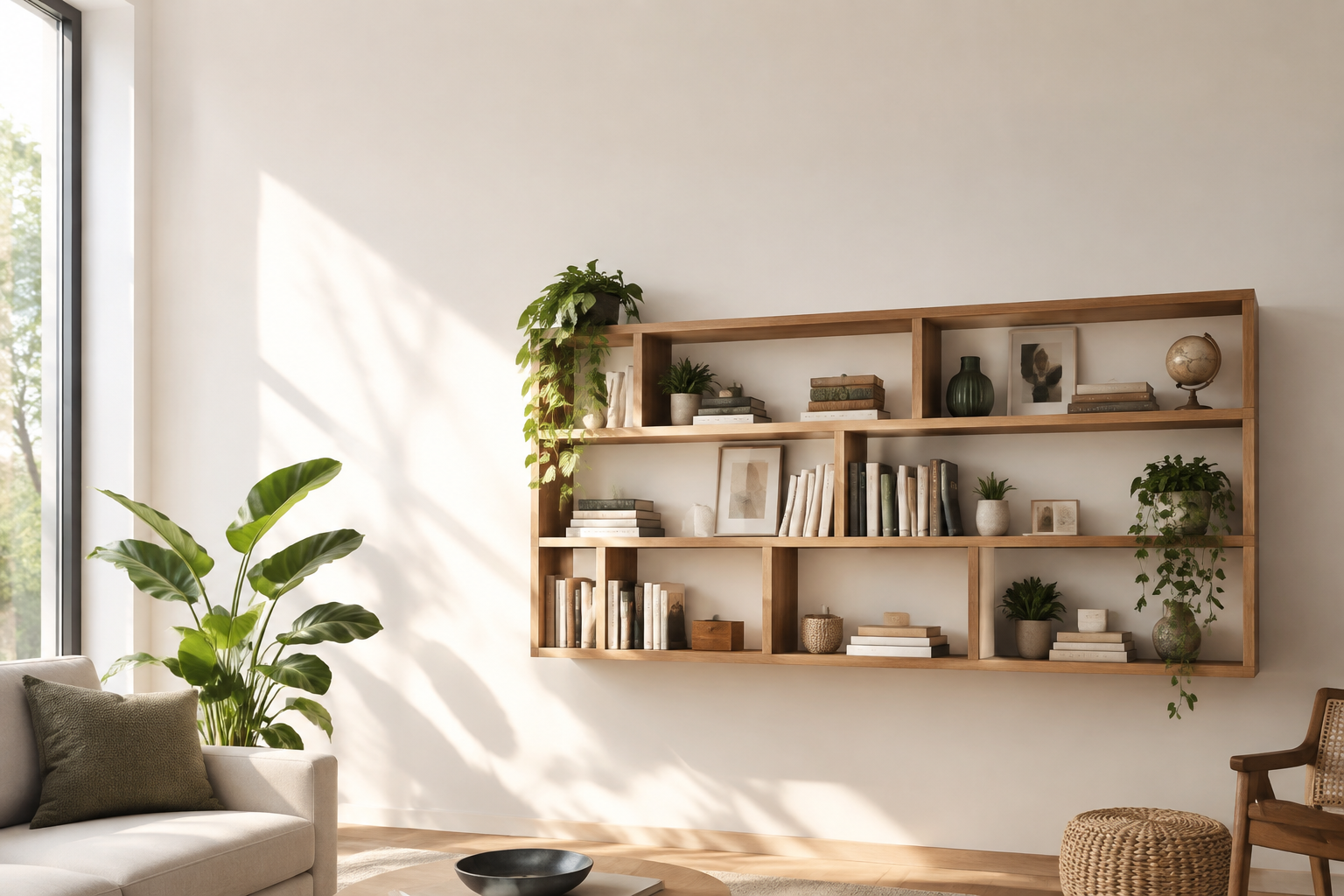 Bibliothèque murale en bois clair avec des livres et des objets décoratifs.