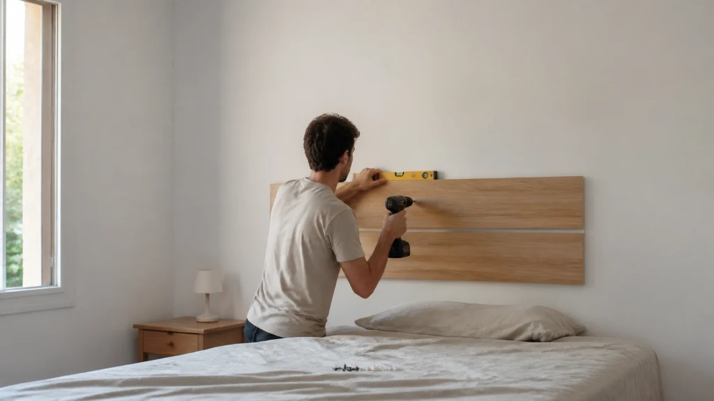 Illustration éditoriale pour l’article « Comment fixer une tête de lit au mur : méthodes et astuces »