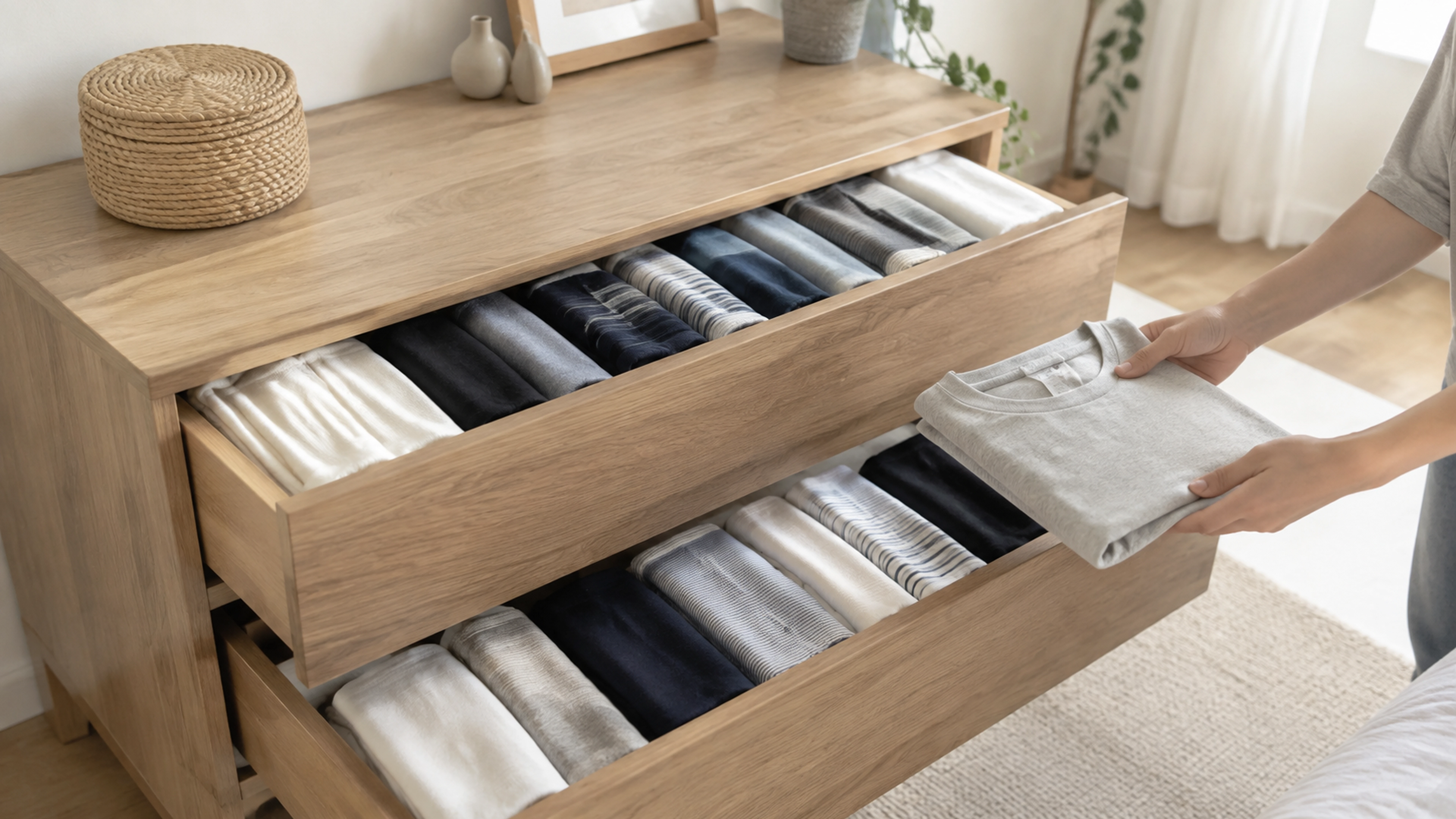 Illustration éditoriale pour l’article « Comment ranger ses vêtements dans une commode efficacement »