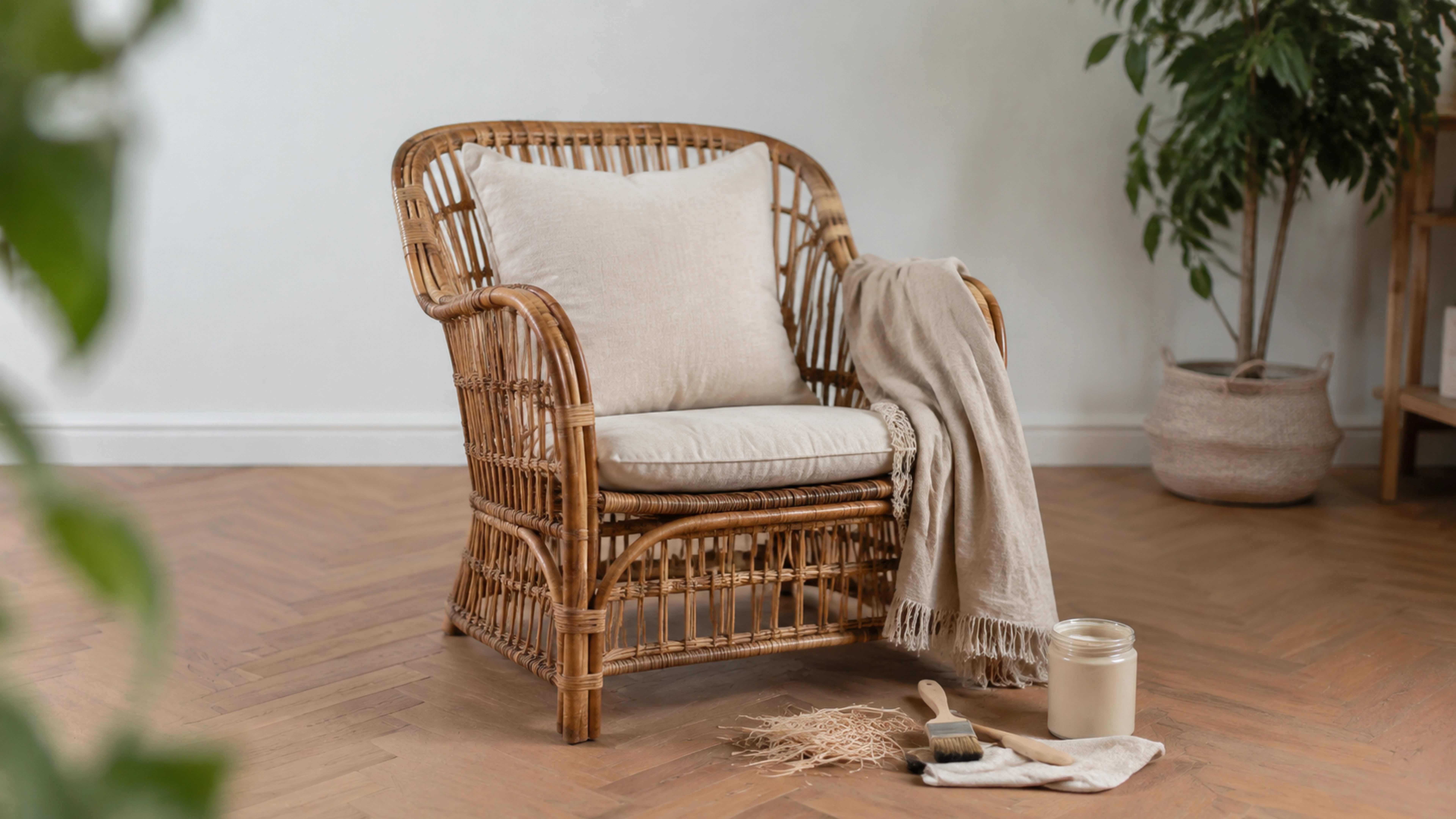 Illustration éditoriale pour l’article « Comment relooker un fauteuil en rotin pour votre intérieur »