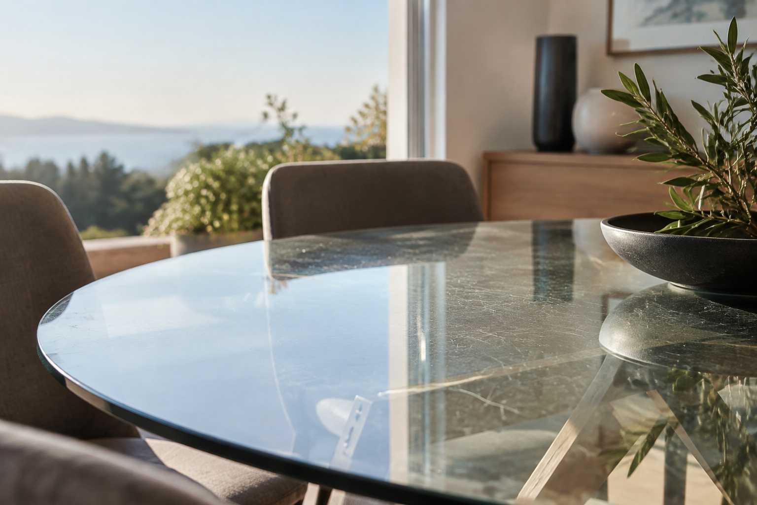Gros plan sur une table ronde en verre rayée située dans une salle à manger lumineuse avec vue sur la mer.