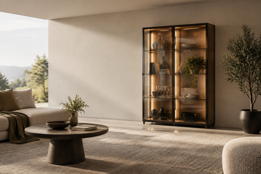 Vitrine en verre avec éclairage LED dans un salon moderne lumineux, décoré avec des objets en céramique et des plantes.