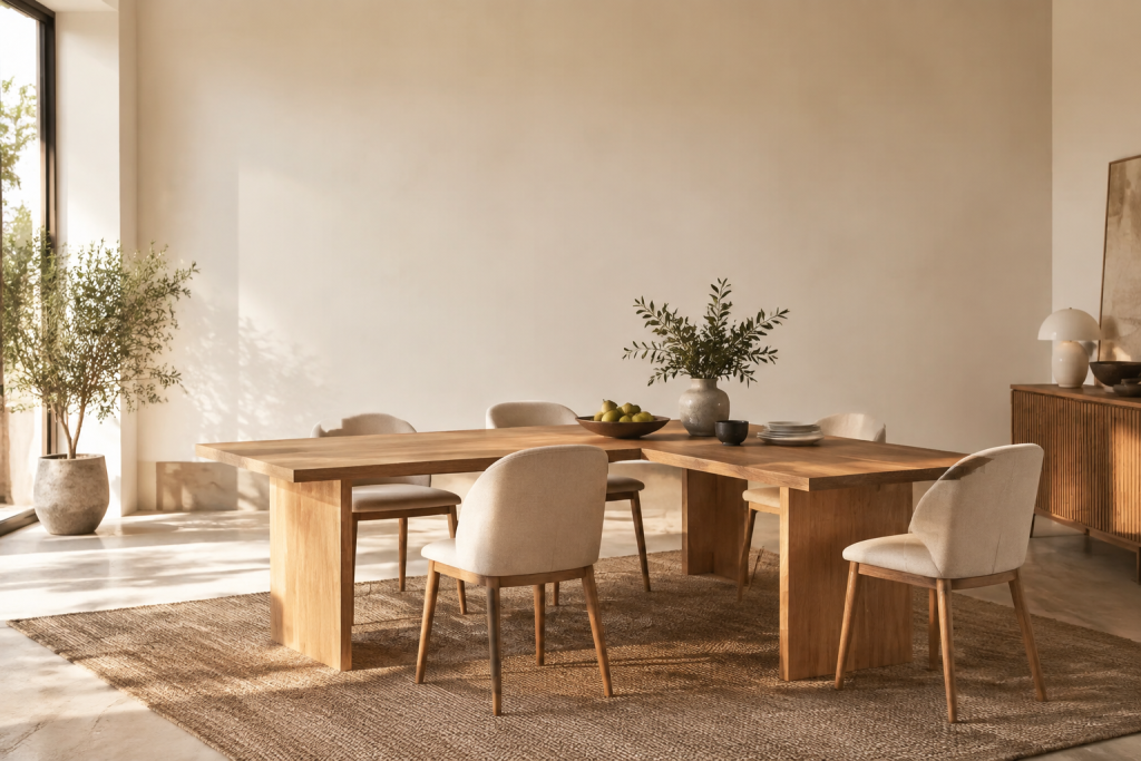 Une table à manger d'angle en bois clair entourée de chaises beiges dans une salle à manger lumineuse au style épuré.