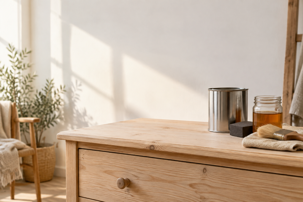 Pot de vernis, pinceau, bloc de ponçage et huile sur un meuble en bois brut dans une pièce lumineuse.