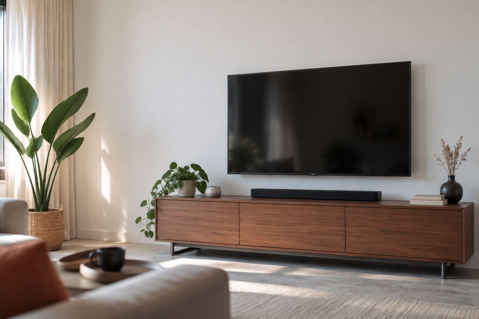 Télévision murale au-dessus d'un meuble TV en bois dans un salon lumineux, aucun câble n'est visible.