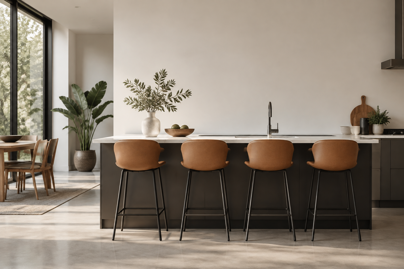 Cuisine moderne avec quatre tabourets en cuir brun alignés devant un îlot central en marbre.