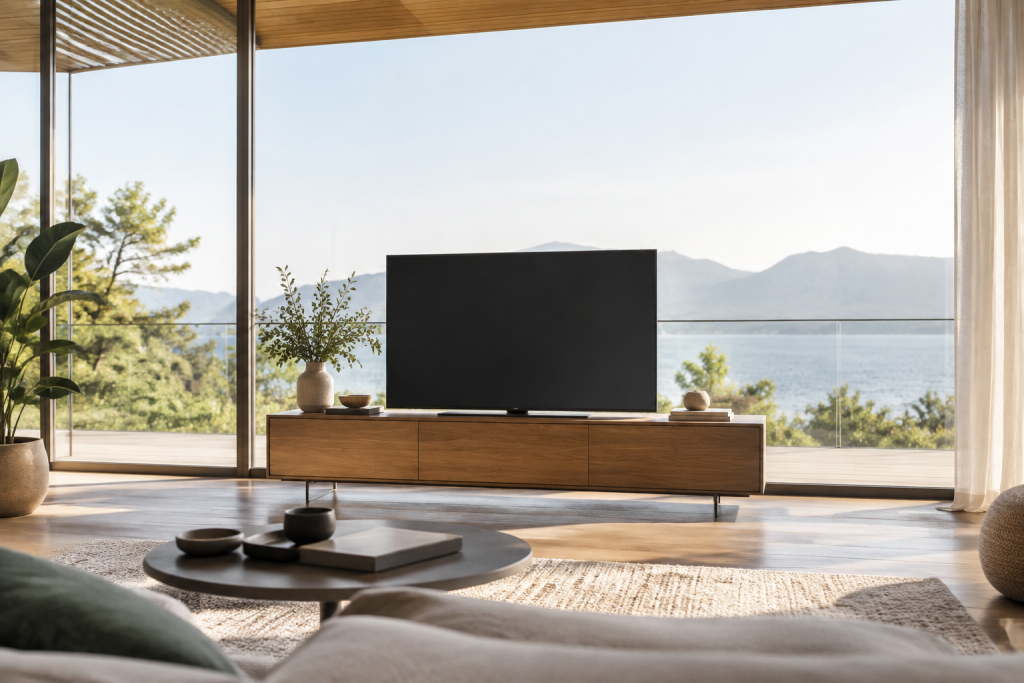 Téléviseur sur un meuble en bois devant une immense baie vitrée donnant sur la mer et les montagnes.
