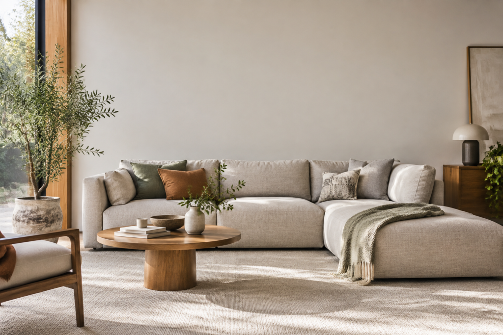Un salon lumineux avec un canapé beige, une table basse ronde en bois et une plante, illustrant le confort domestique.