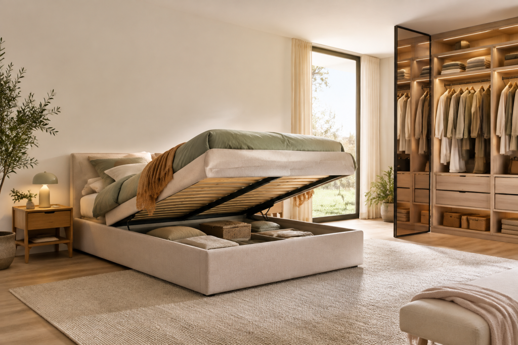 Un lit coffre beige ouvert révélant un rangement, situé dans une chambre élégante avec un grand dressing illuminé.