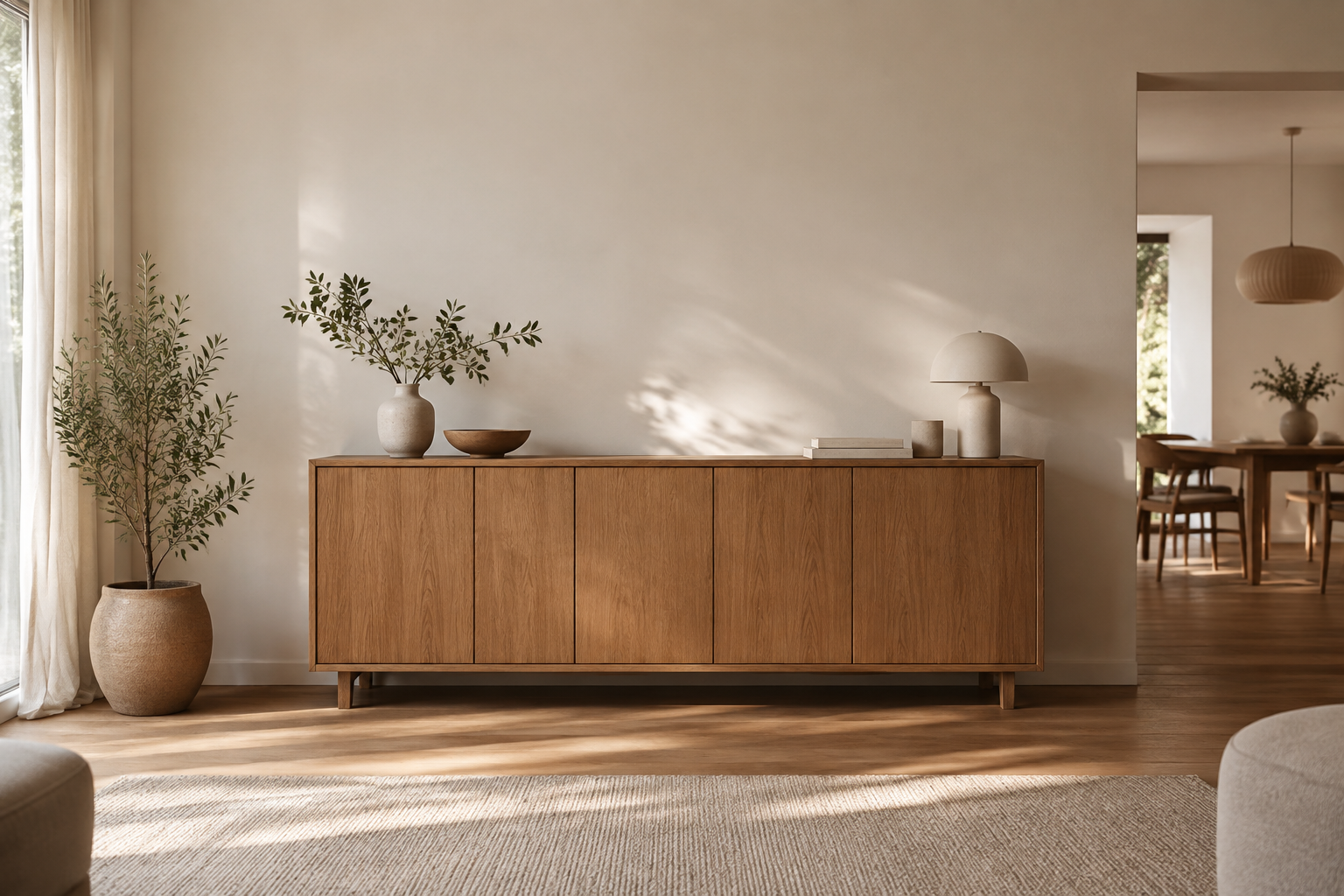 Buffet en bois clair dans un intérieur épuré avec une lampe, un vase et une plante verte dans un pot en terre cuite.
