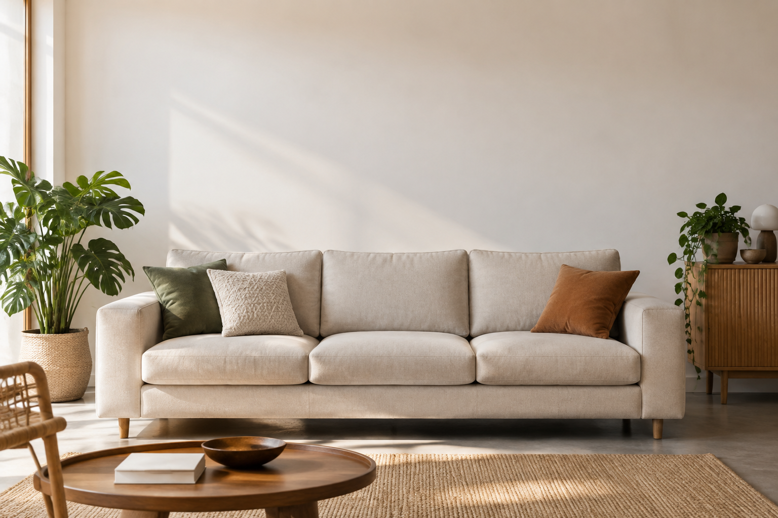 Un canapé 3 places beige avec des coussins décoratifs dans un salon minimaliste ensoleillé avec des plantes.
