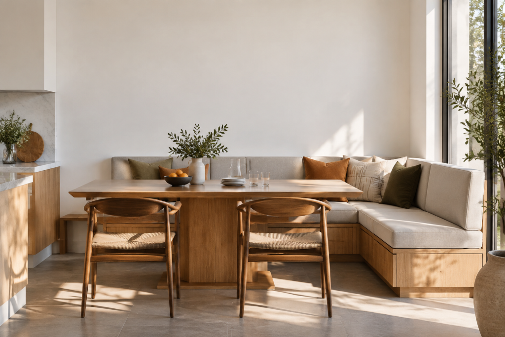 Coin repas avec table en bois et banquette d’angle garnie de coussins.