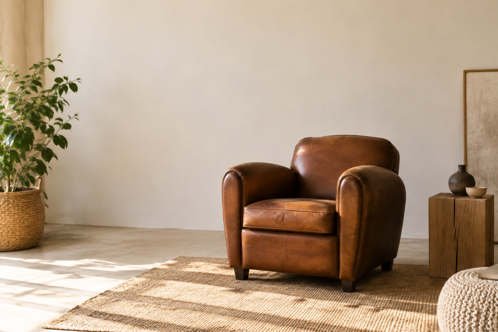 Fauteuil club en cuir marron patiné dans un salon lumineux.