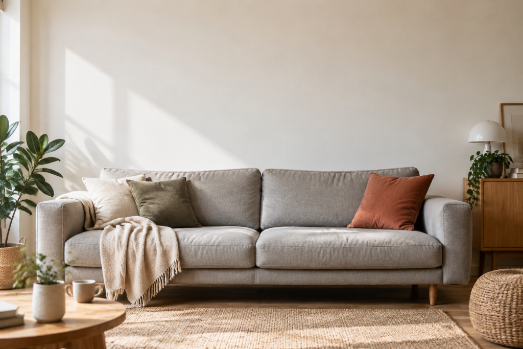Canapé droit en tissu beige avec des coussins et un plaid.