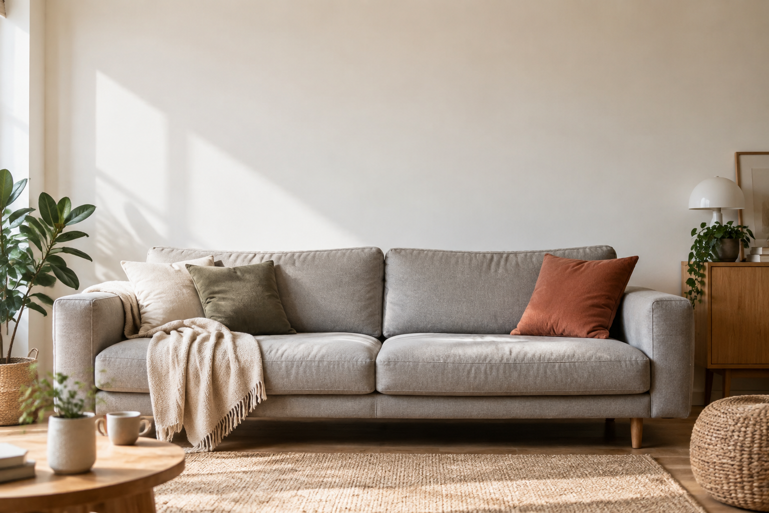 Canapé droit en tissu beige avec des coussins et un plaid.