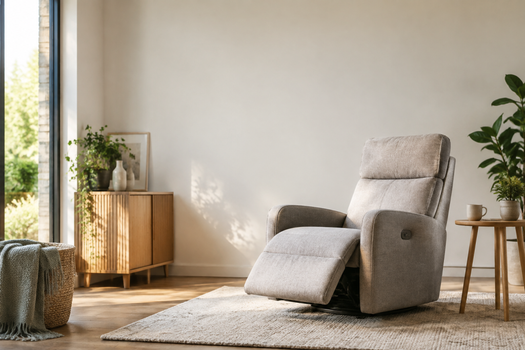 Fauteuil de relaxation inclinable gris dans un salon moderne.