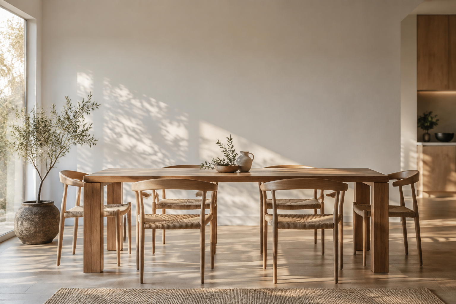 Table à manger en bois clair avec des chaises assorties.