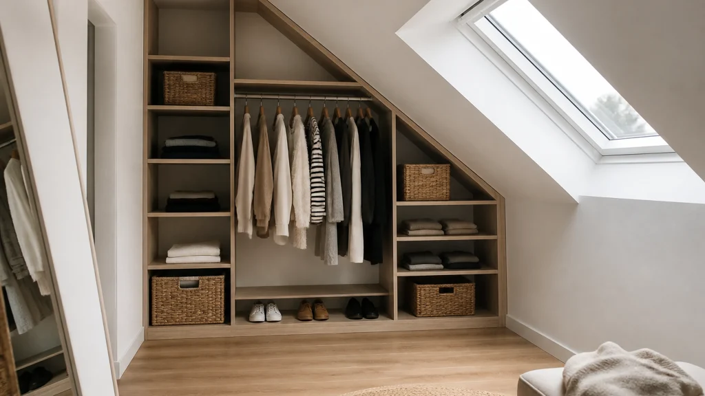 Illustration éditoriale pour l’article « Idée dressing sous pente : optimisez vos combles avec style »