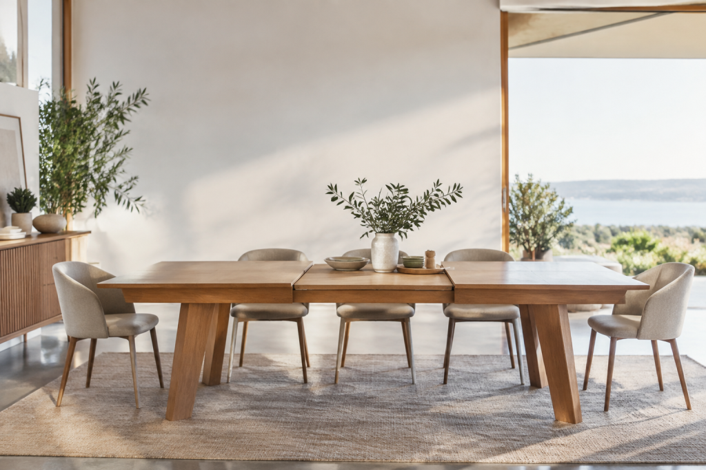 Grande table de salle à manger en bois entourée de chaises devant une baie vitrée.