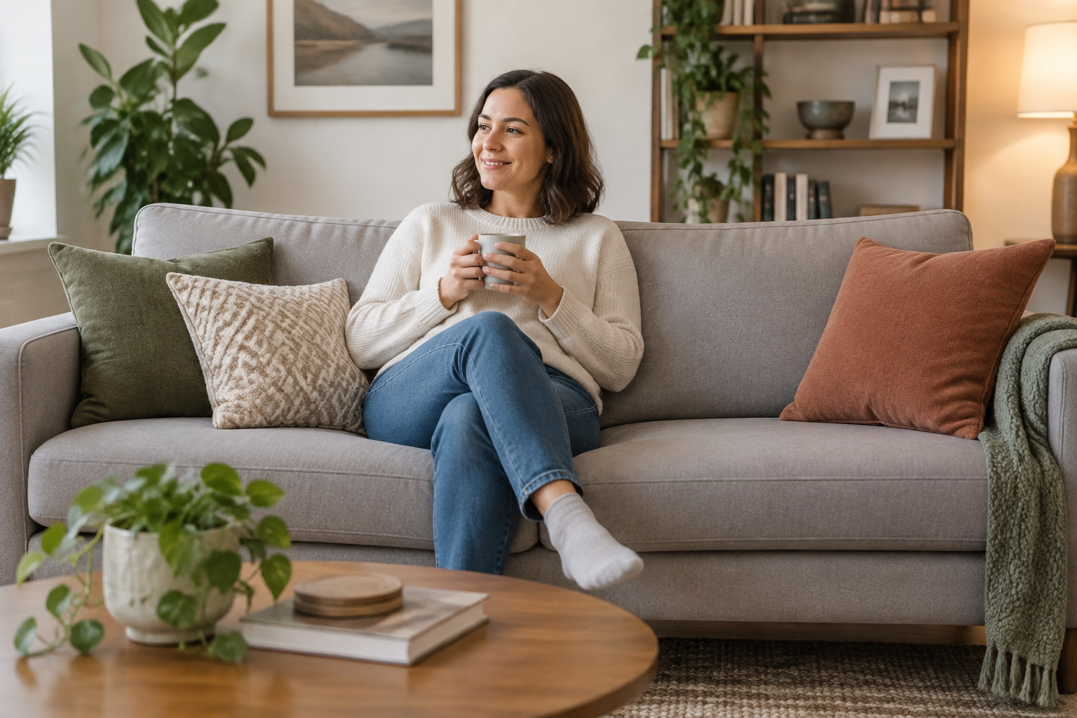 Personne assise confortablement sur un canapé de profondeur moyenne