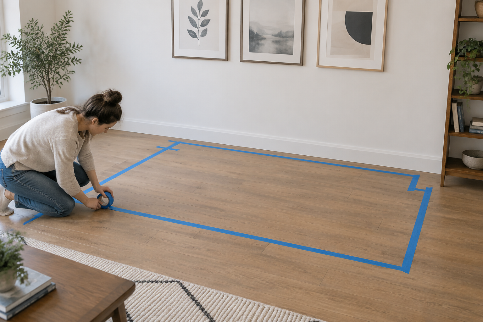 Une personne traçant le contour d'un canapé au sol avec du ruban de peintre