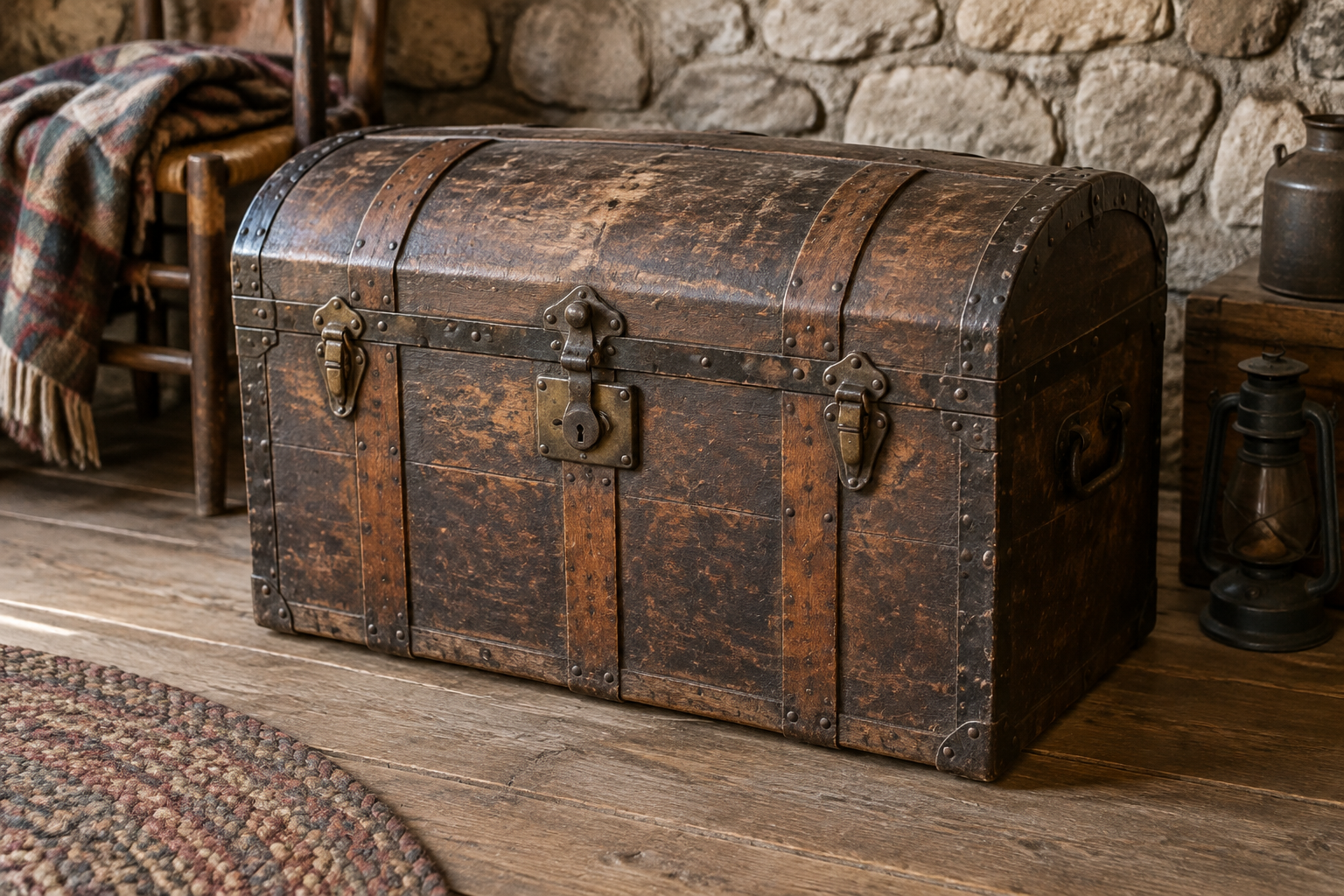 Une malle de voyage ancienne en bois, à l'origine du bahut.