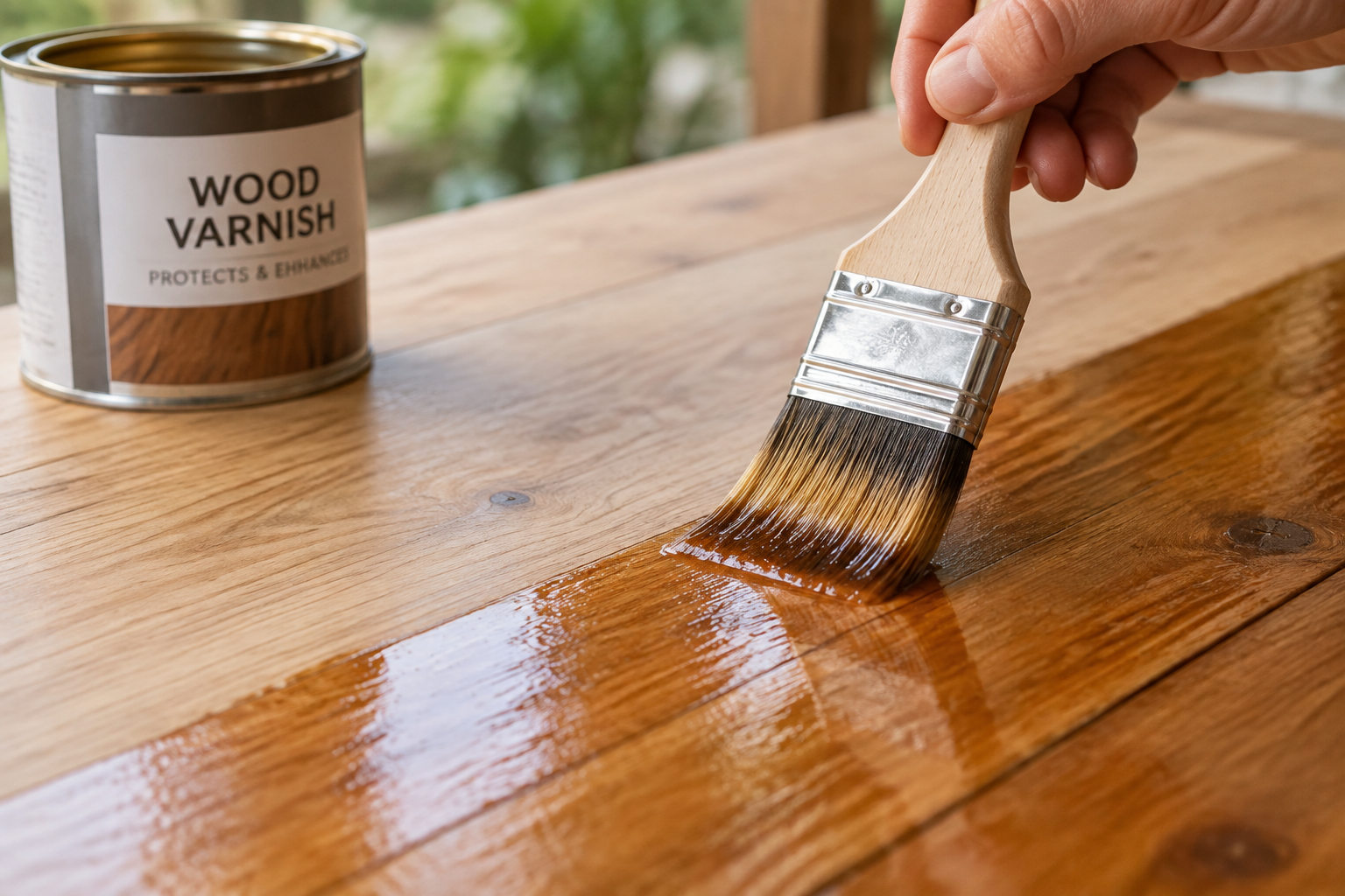 Application de vernis au pinceau sur une surface en bois