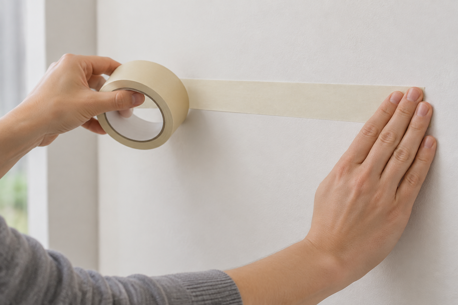 Application d'une bande adhésive sur un mur