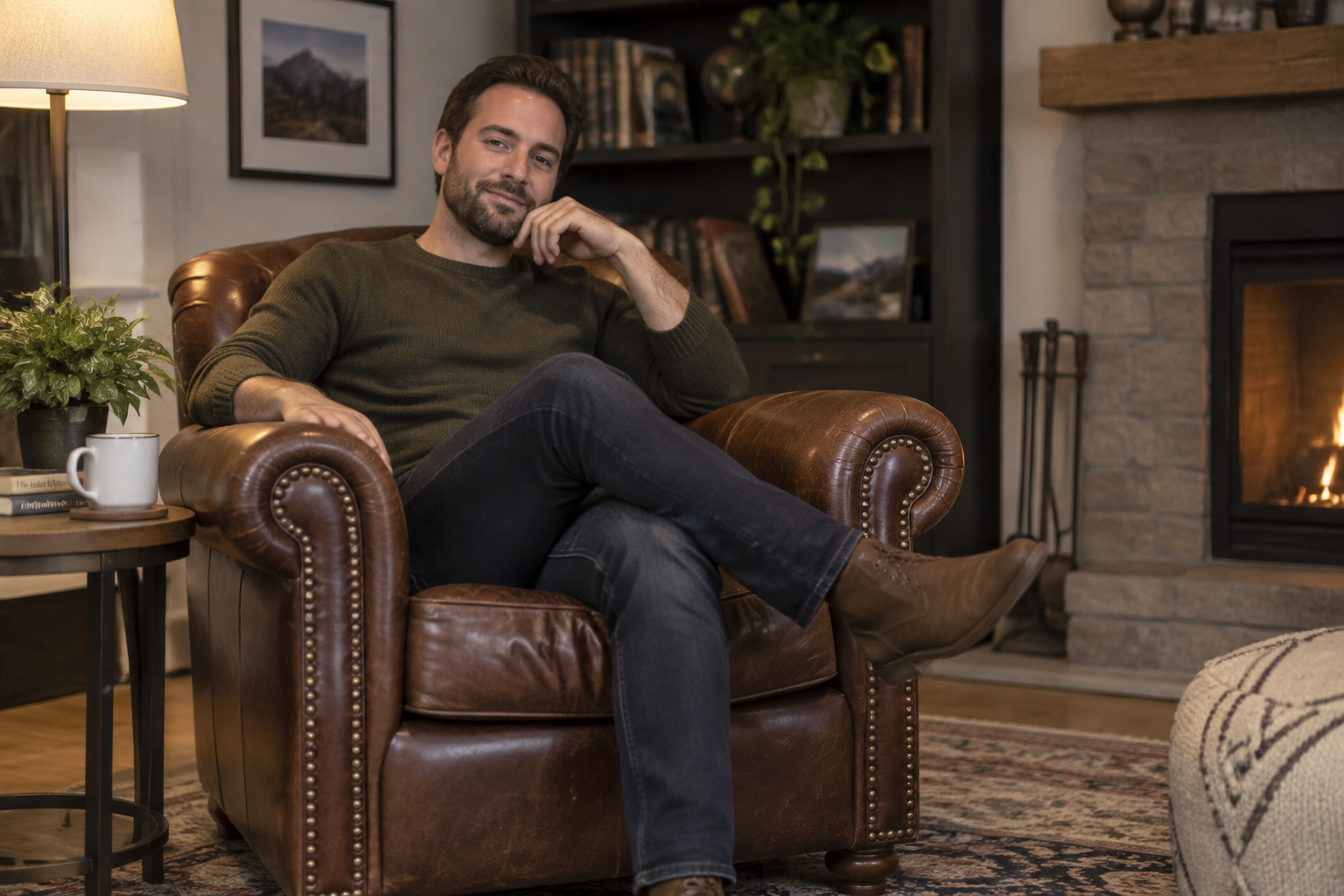 Personne assise confortablement dans un fauteuil club en cuir.