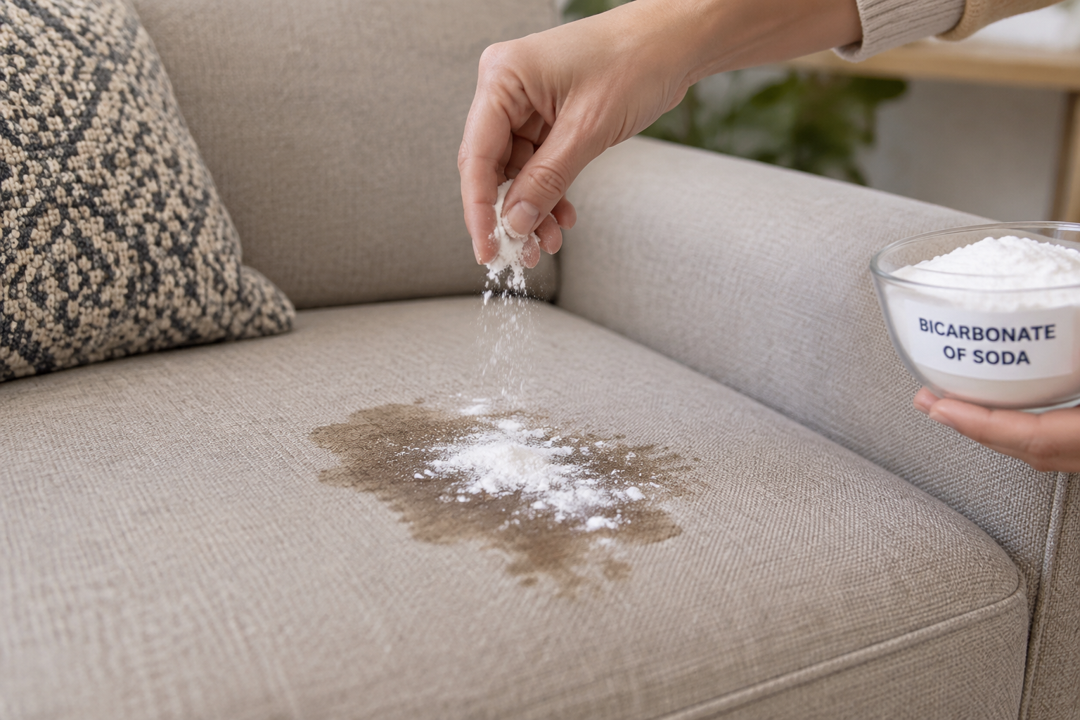 Une main saupoudre du bicarbonate en couche épaisse sur une tache de canapé en microfibre