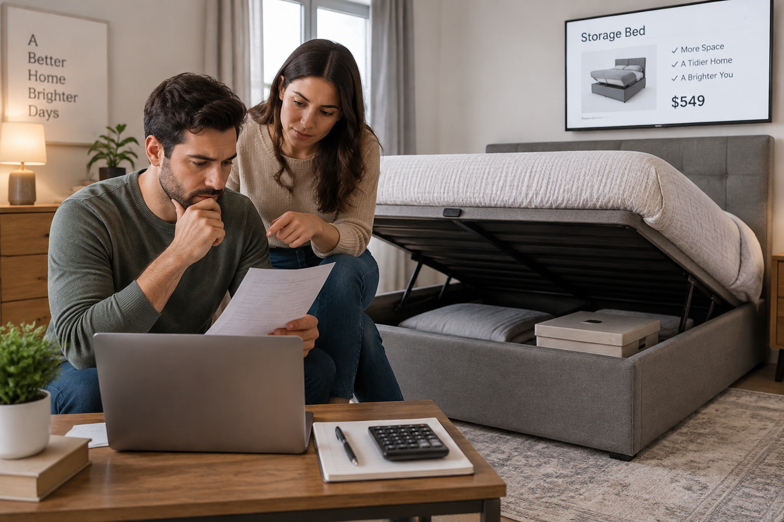 Personnes comparant les prix et le budget pour l'achat d'un lit coffre