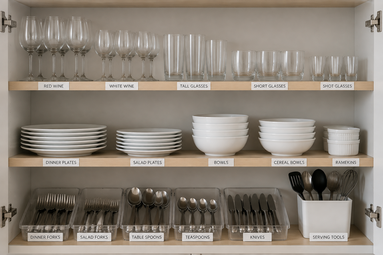 Verres et couverts rangés méthodiquement dans un vaisselier en bois, par taille et utilité