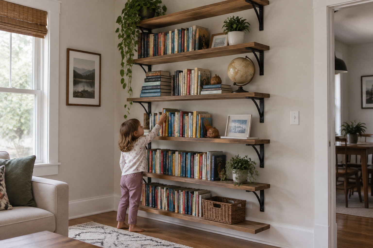 Bibliothèque haute fixée au mur avec des équerres, à côté d'un enfant