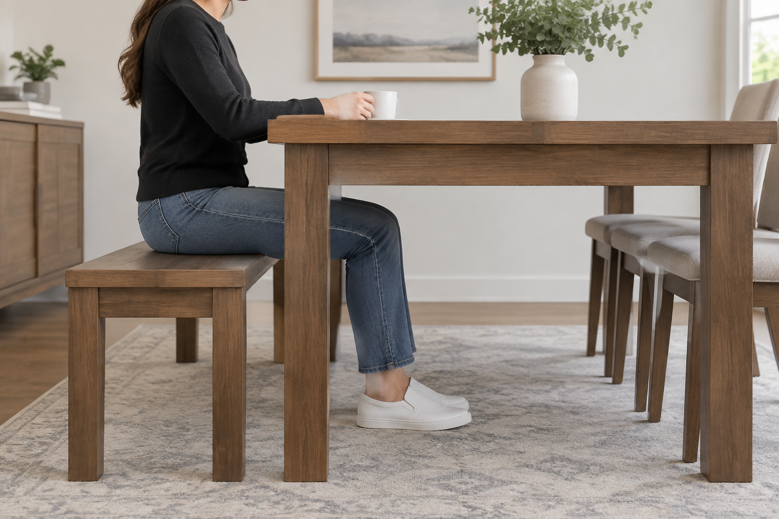 Vue de côté d'une table et d'une banquette montrant l'espace pour les jambes