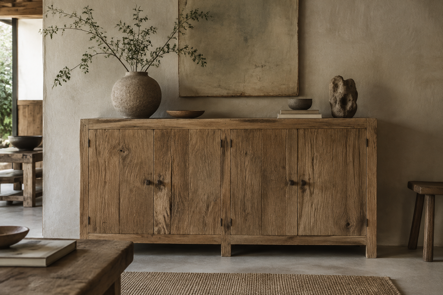 Vitrine aux matières naturelles dans un intérieur wabi-sabi.
